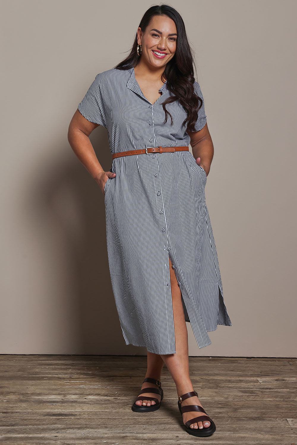 Model Ashleigh wearing size 16 of the Belle Striped Cotton Shirtmaker Dress in colour Blackwhite (Black), from the front, showing the whole outfit