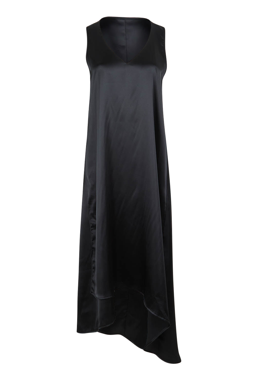 Product shot of the Belle Luxe High Low Column Dress in colour Black (Black), from the front