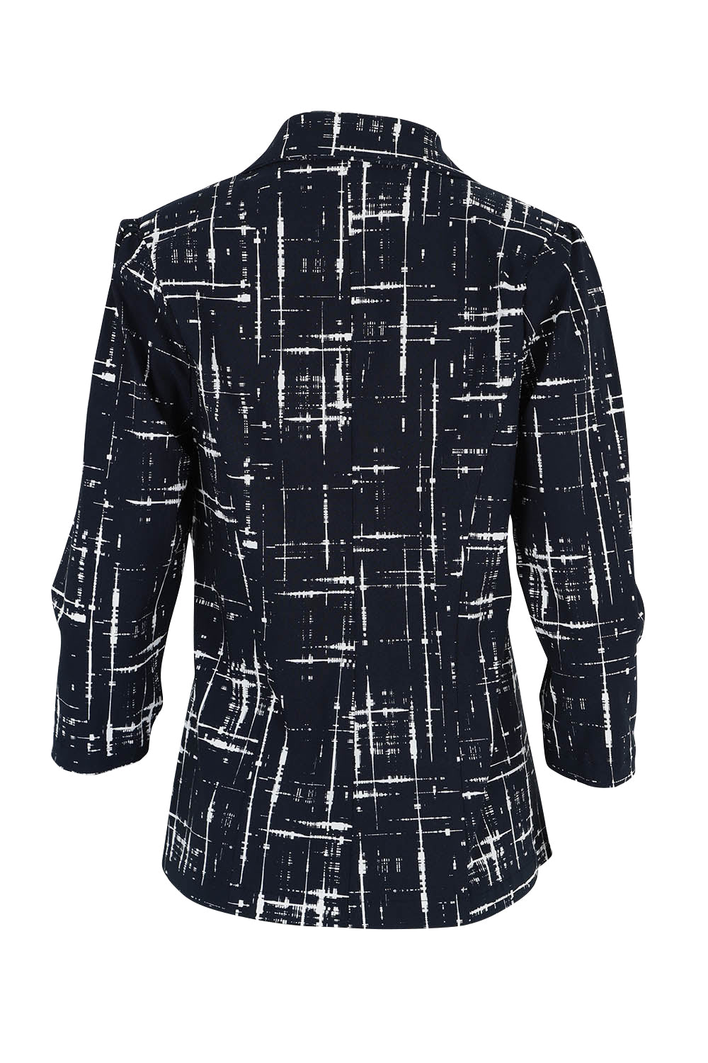 Product shot of the Belle Printed Stretch Blazer in colour Navywhite (Blue), from the back