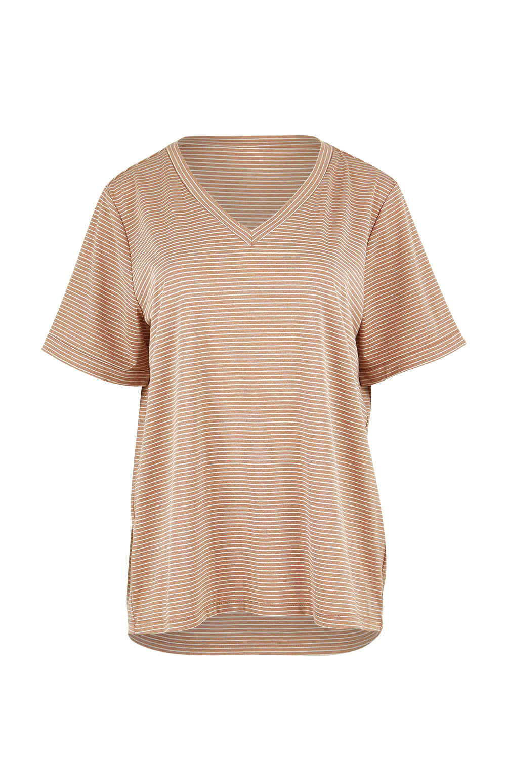 Product shot of the Belle Striped Relaxed Fit Tee in colour Tanwhite, from the front