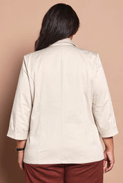 Model Ashleigh wearing size 16 of the Belle Cotton Comfort Blazer in colour Stone, from the back