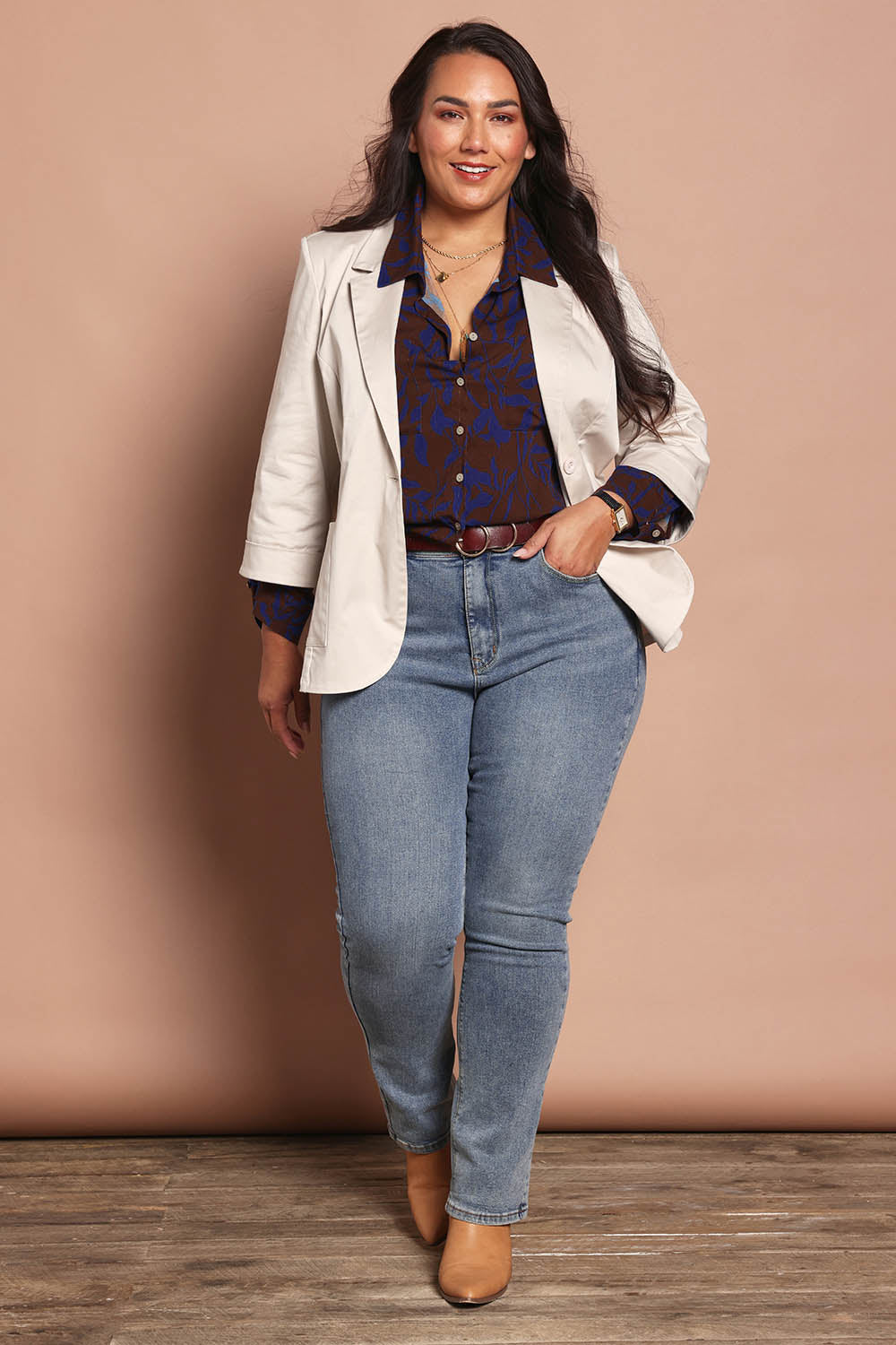 Model Ashleigh wearing size 16 of the Belle Cotton Comfort Blazer in colour Stone, from the front, showing the whole outfit