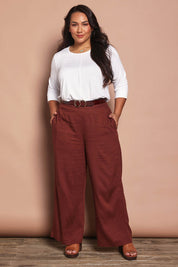 Model Ashleigh wearing size 16 of the Belle Linen Blend Wide Leg Pants in colour Cocoa, from the front, showing the whole outfit
