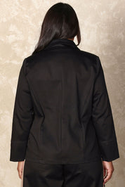 Model Ashleigh wearing size 16 of the Belle Button Up Cotton Stretch  Blazer in colour Black (Black), from the back
