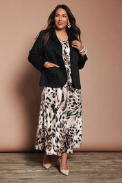 Model Ashleigh wearing size 16 of the Belle Button Up Cotton Stretch  Blazer in colour Black (Black), from the front, showing the whole outfit