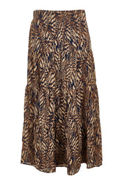 Product shot of the Belle Pull On Printed Tiered Skirt in colour Blacksand (Black), from the front