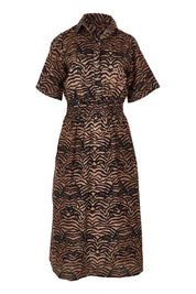 Product shot of the Belle Printed Cotton Shirred Dress With Pockets in colour Blackcamel (Black), from the front