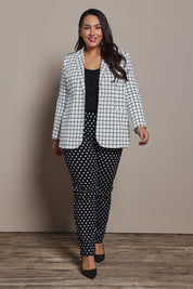 Model Ashleigh wearing size 16 of the Belle Printed Cotton Blazer in colour Whiteblack (White), from the front, showing the whole outfit