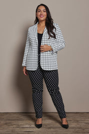 Model Ashleigh wearing size 16 of the Belle Printed Cotton Blazer in colour Whiteblack (White), from the front, showing the whole outfit