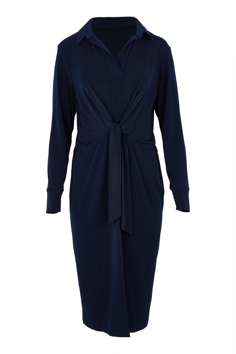 Product shot of the Belle Soft Knit Tie Front Dress in colour Navy (Blue), from the front