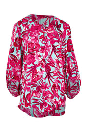 Product shot of the Belle Printed Full Sleeve Shirt in colour Aquafusch (Pink), from the front