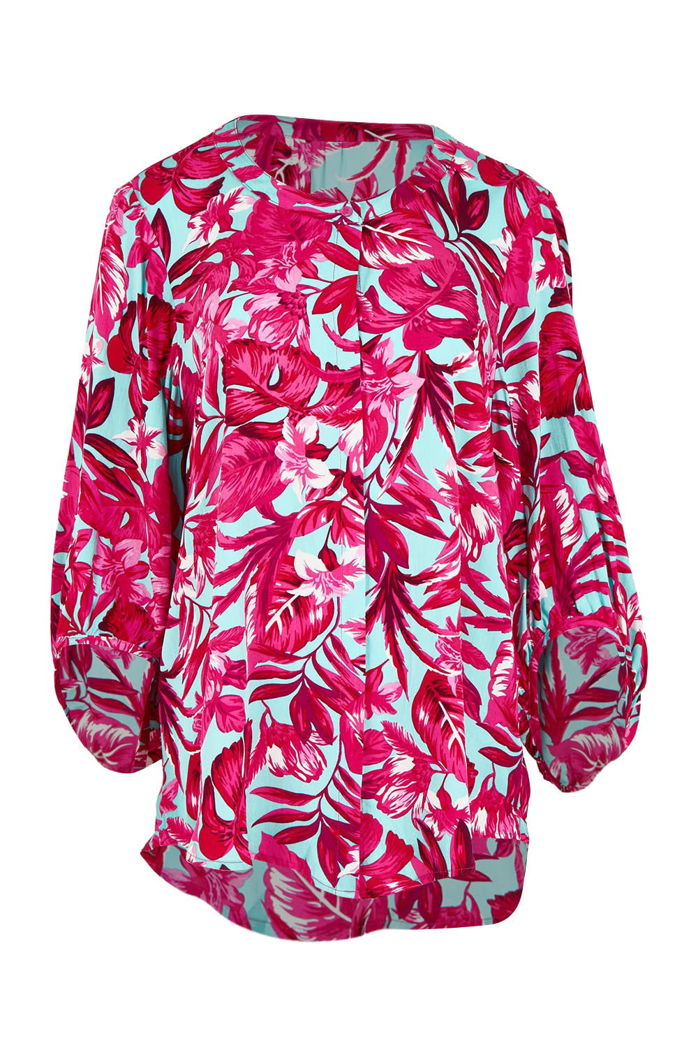 Product shot of the Belle Printed Full Sleeve Shirt in colour Aquafusch (Pink), from the front