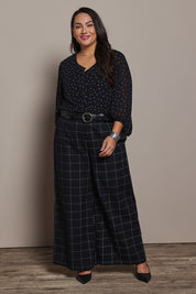 Model Ashleigh wearing size 16 of the Belle Printed Full Sleeve Shirt in colour Blackwhite (Black), from the front, showing the whole outfit