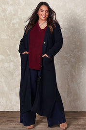 Model Ashleigh wearing size XL of the Belle Cosy Knit Coatigan in colour Navy (Blue), from the front, showing the whole outfit