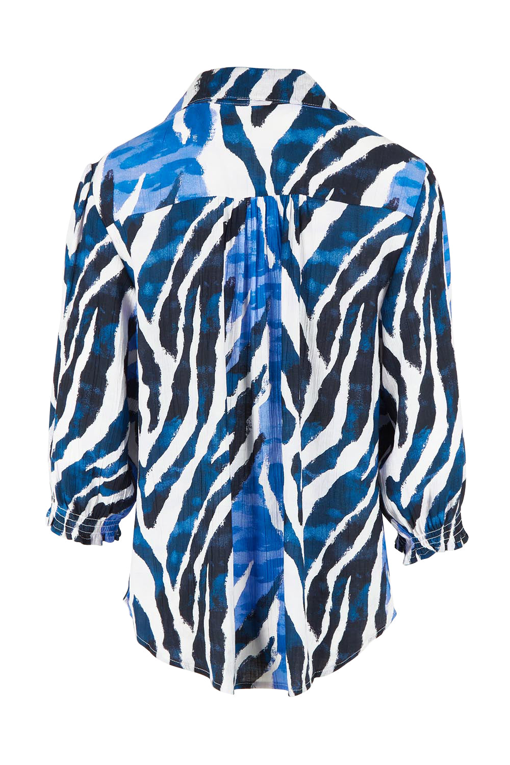 Product shot of the Belle Printed Shirred Sleeve Shirt in colour Bluezebra (Blue), from the back