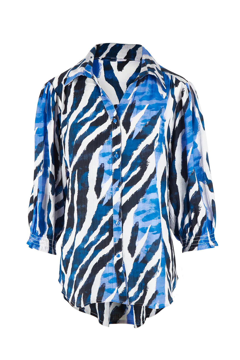 Product shot of the Belle Printed Shirred Sleeve Shirt in colour Bluezebra (Blue), from the front