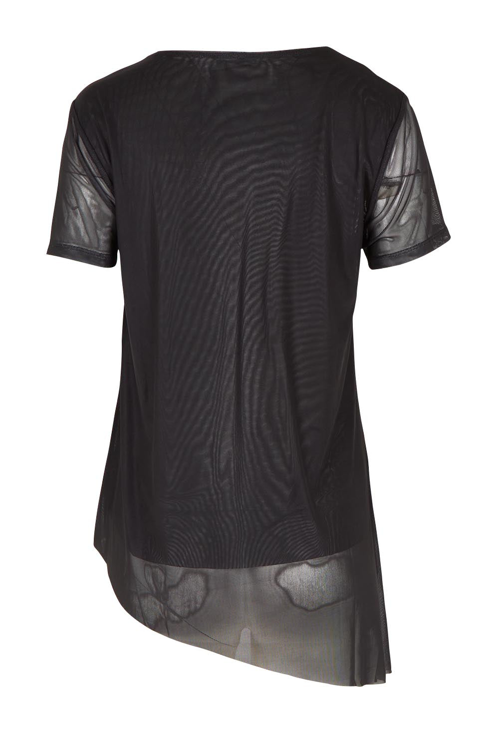 Product shot of the Belle Printed Mesh Asymmetric Tee in colour Blackfleur (Black), from the back
