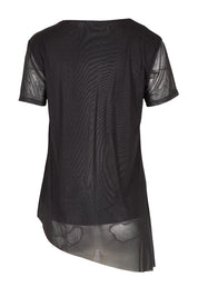 Product shot of the Belle Printed Mesh Asymmetric Tee in colour Blackfleur (Black), from the back