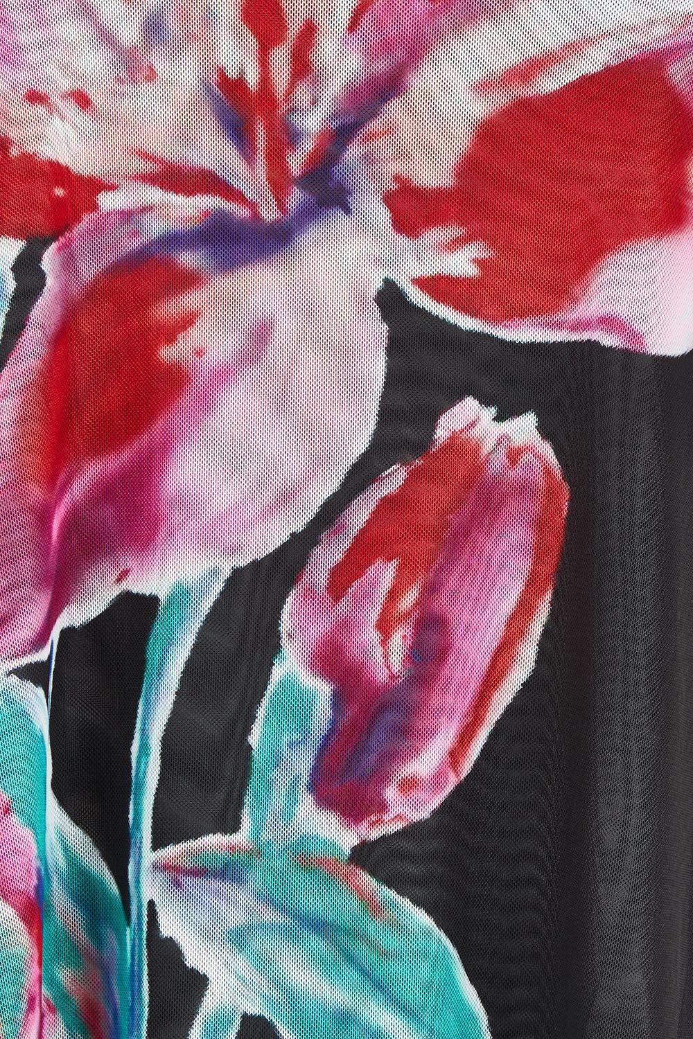 Product shot of the Belle Printed Mesh Asymmetric Tee in colour Blackfleur (Black), detail