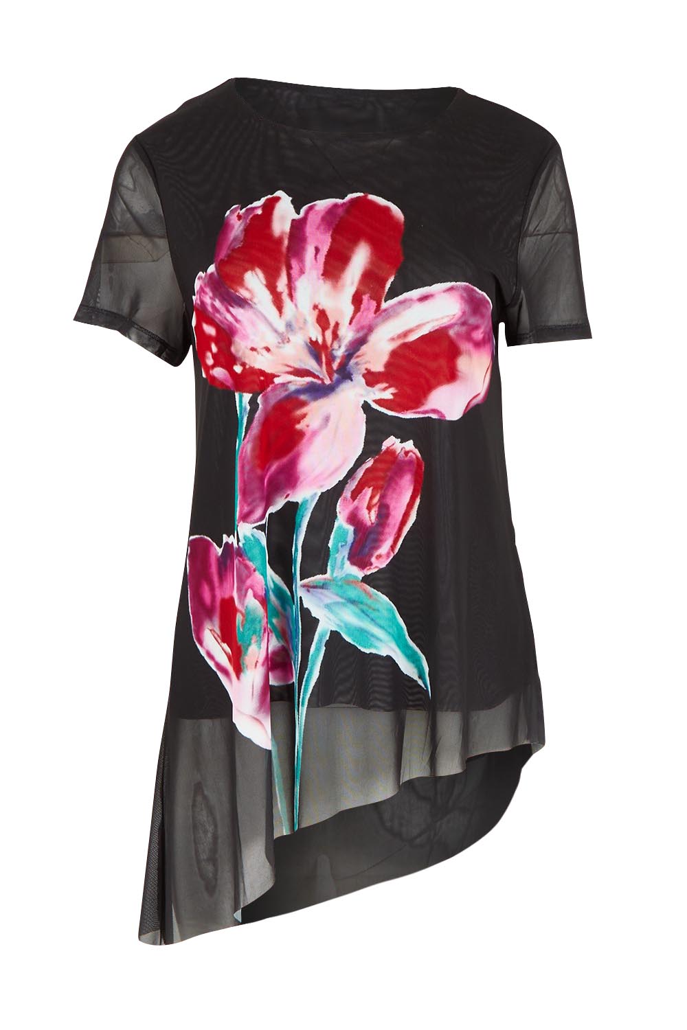 Product shot of the Belle Printed Mesh Asymmetric Tee in colour Blackfleur (Black), from the front