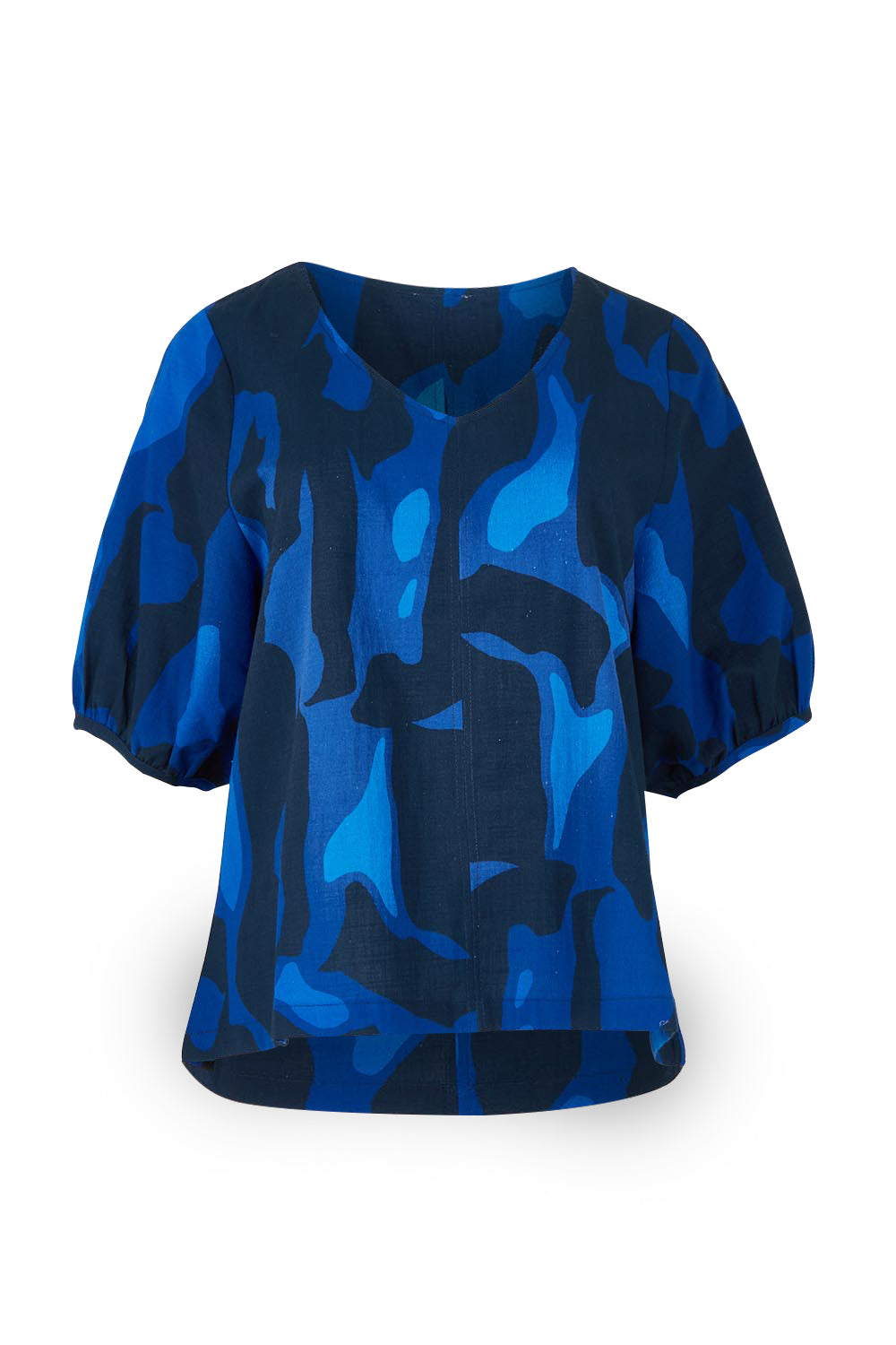 Product shot of the Belle Cotton Printed V Neck Top in colour Trioofblue (Blue), from the front