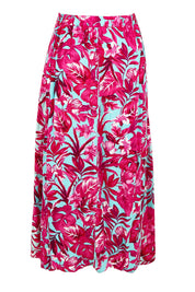 Product shot of the Belle Printed Pull On Full Skirt with Pockets in colour Aquafusch (Pink), from the back