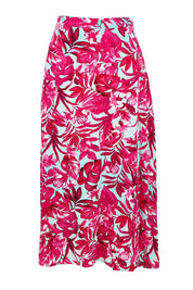 Product shot of the Belle Printed Pull On Full Skirt with Pockets in colour Aquafusch (Pink), from the front