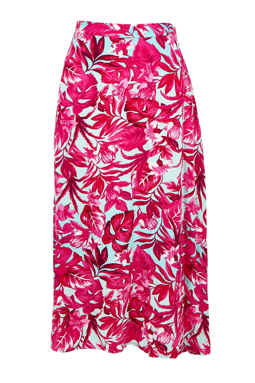 Product shot of the Belle Printed Pull On Full Skirt with Pockets in colour Aquafusch (Pink), from the front