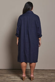Model Ashleigh wearing size 16 of the Belle 3 Way Linen Blend Shirtmaker Dress in colour Navy (Blue), from the back