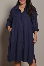 Model Ashleigh wearing size 16 of the Belle 3 Way Linen Blend Shirtmaker Dress in colour Navy (Blue), from the front, cropped image