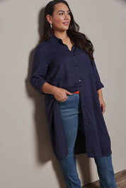 Model Ashleigh wearing size 16 of the Belle 3 Way Linen Blend Shirtmaker Dress in colour Navy (Blue), from the front, cropped image