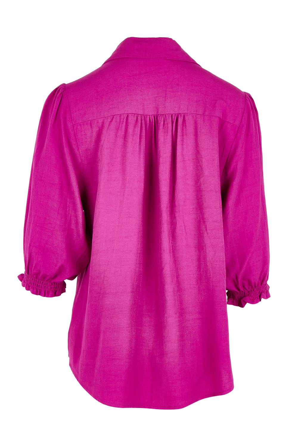 Product shot of the Belle Luxe Shirred Sleeve Shirt in colour Magenta (Pink), from the back