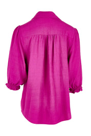 Product shot of the Belle Luxe Shirred Sleeve Shirt in colour Magenta (Pink), from the back