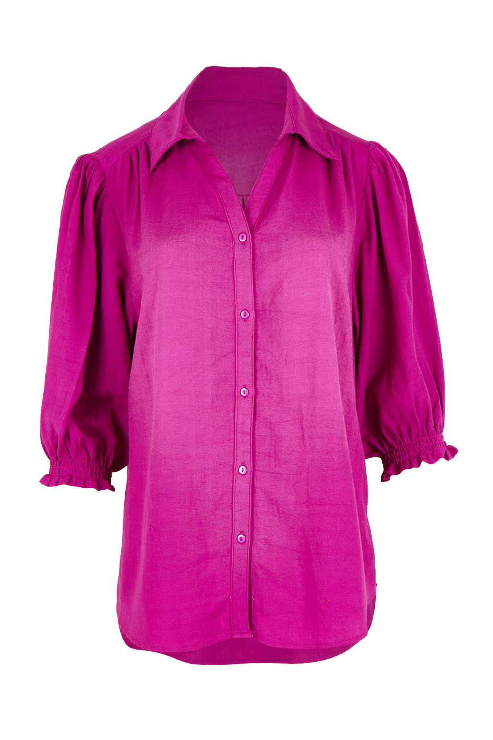 Product shot of the Belle Luxe Shirred Sleeve Shirt in colour Magenta (Pink), from the front