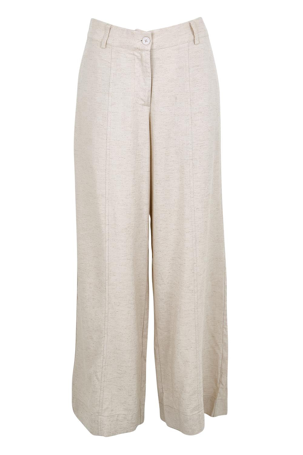 Product shot of the Belle Wear Anywhere Linen Blend Pants – Sand in colour Sand, from the front