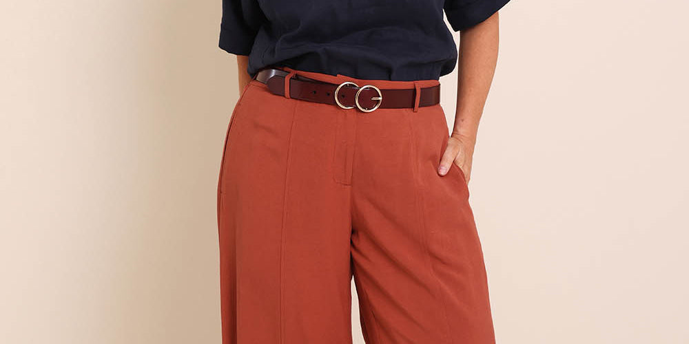 Model Lauraw wearing size 14 of the Belle Wear Anywhere Pants  - Sienna in colour Sienna, from the front