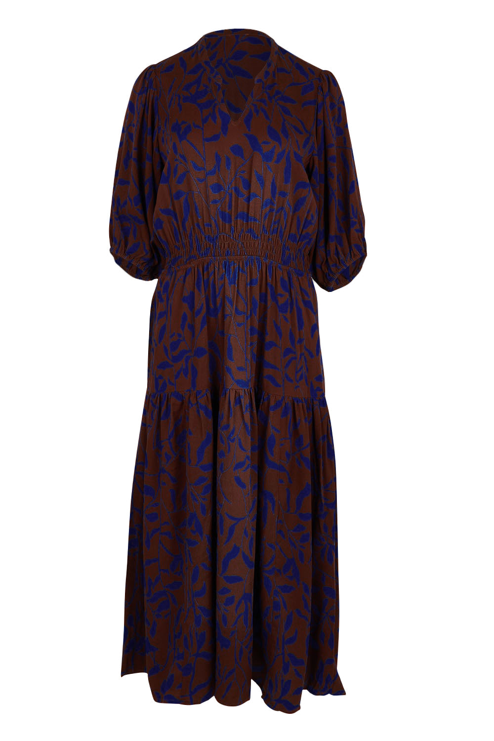 Product shot of the Belle Luxe Ecovero Printed Tiered Dress in colour Cobaltcoco (Blue), from the front
