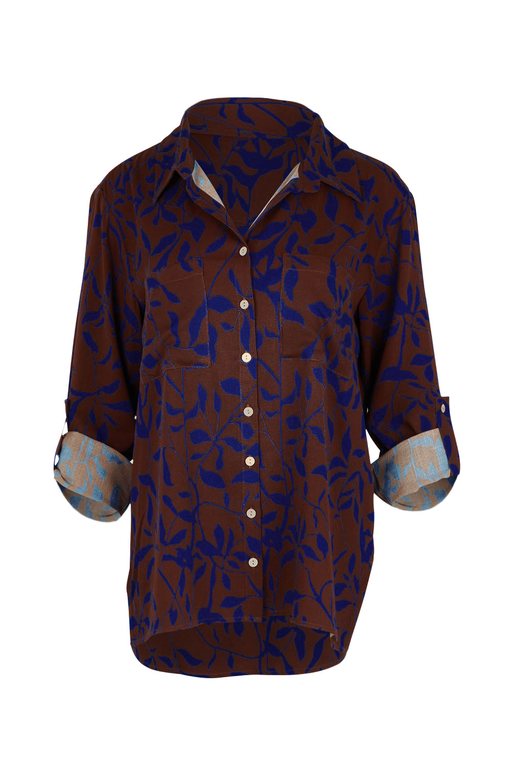 Product shot of the Belle Luxe Ecovero Printed Shirt in colour Cobaltcoco (Blue), detail