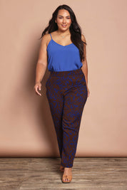Model Ashleigh wearing size 16 of the Belle Luxe Ecovero Printed Draped Pant in colour Cobaltcoco (Blue), from the front, showing the whole outfit