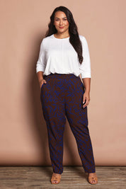 Model Ashleigh wearing size 16 of the Belle Luxe Ecovero Printed Draped Pant in colour Cobaltcoco (Blue), from the front, showing the whole outfit