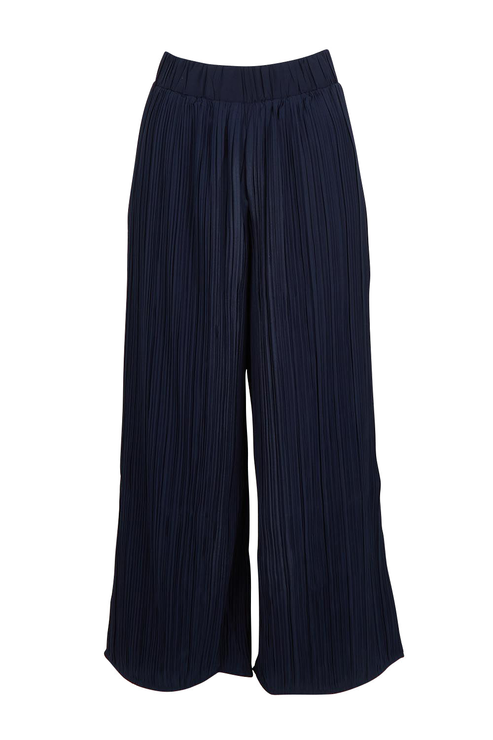 Product shot of the Belle Crinkle No Iron Wide Leg Pant in colour Darknavy (Blue), from the front