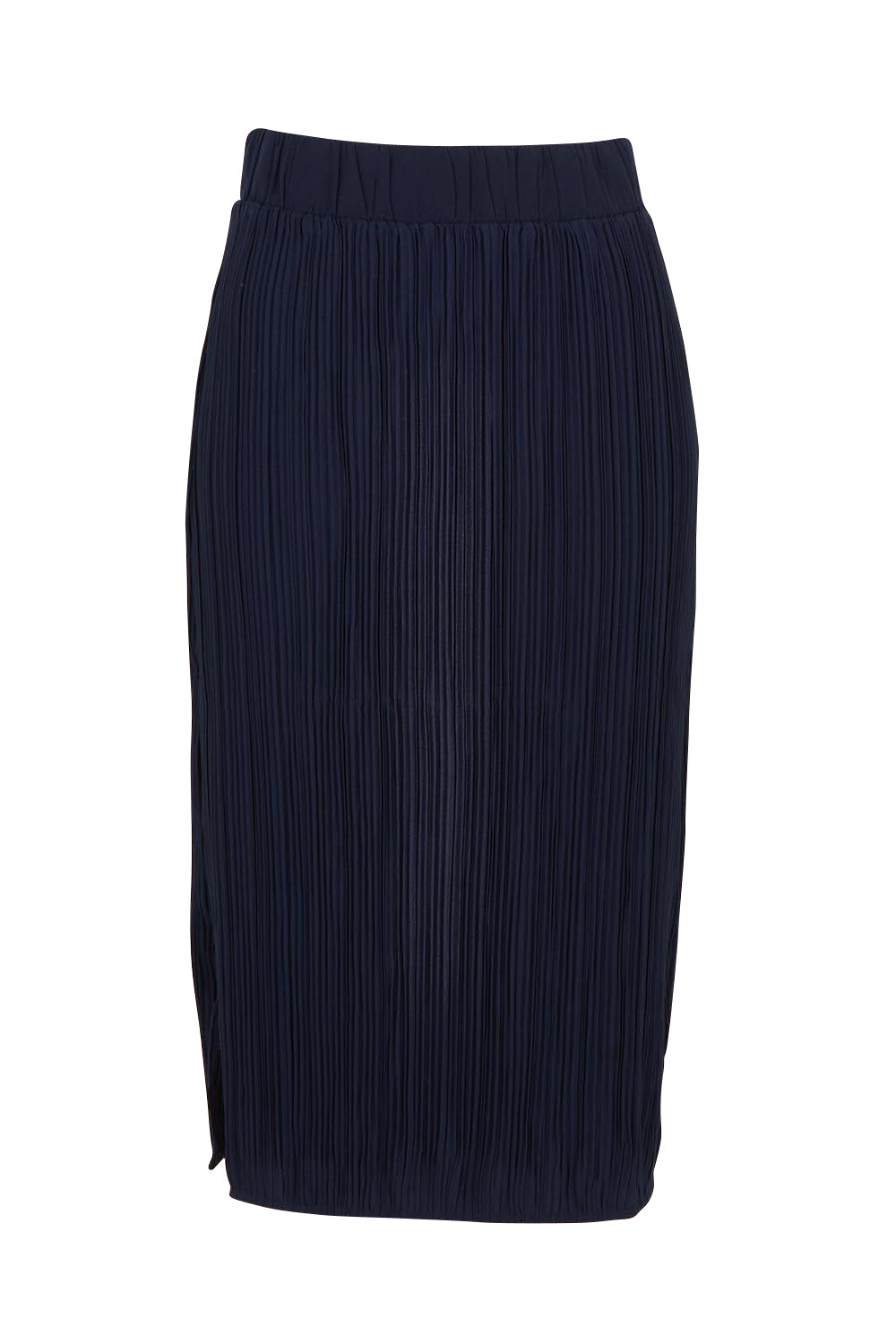 Product shot of the Belle Crinkle No Iron Pull on Straight Skirt in colour Darknavy (Blue), from the front