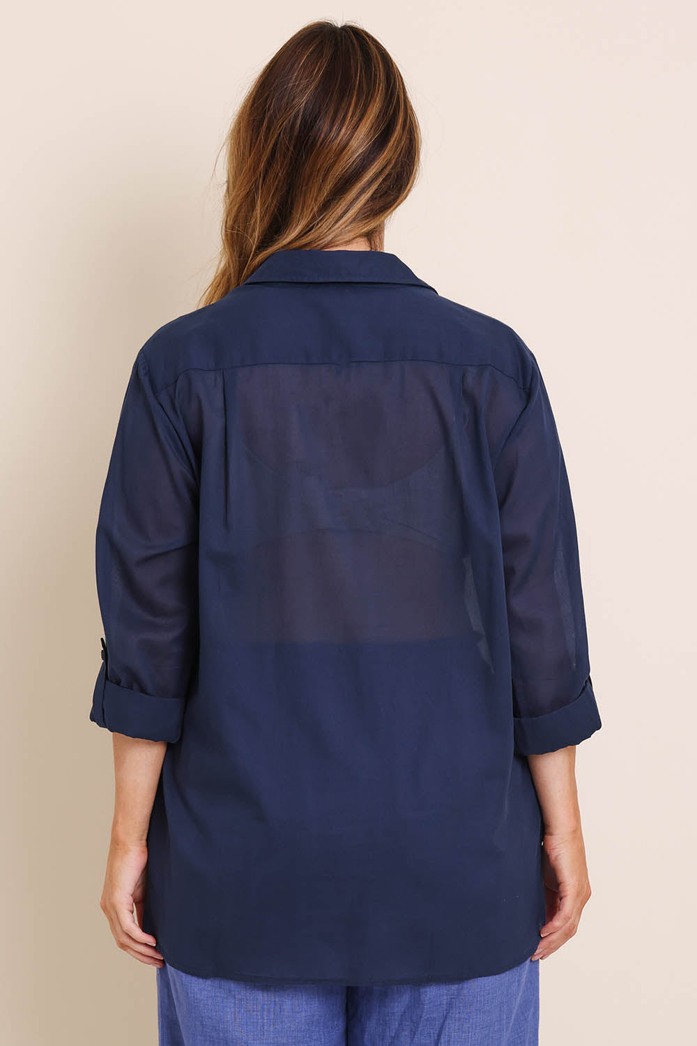 Model Lauraw wearing size 14 of the Belle Easy Wear Every Wear Blouse - Deepnavy in colour Deepnavy, from the back