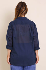 Model Lauraw wearing size 14 of the Belle Easy Wear Every Wear Blouse - Deepnavy in colour Deepnavy, from the back