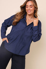 Model Lauraw wearing size 14 of the Belle Easy Wear Every Wear Blouse - Deepnavy in colour Deepnavy, in a cropped view