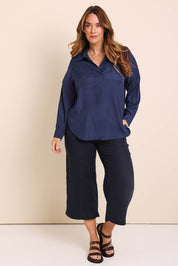 Model Lauraw wearing size 14 of the Belle Easy Wear Every Wear Blouse - Deepnavy in colour Deepnavy, from the front