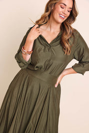 Model Lauraw wearing size 14 of the Belle Easy Wear Every Wear Blouse - Khaki in colour Khaki, in a cropped view