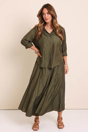 Model Lauraw wearing size 14 of the Belle Easy Wear Every Wear Blouse - Khaki in colour Khaki, from the front