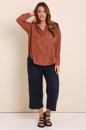 Model Lauraw wearing size 14 of the Belle Easy Wear Every Wear Shirt - Sienna in colour Sienna, from the front