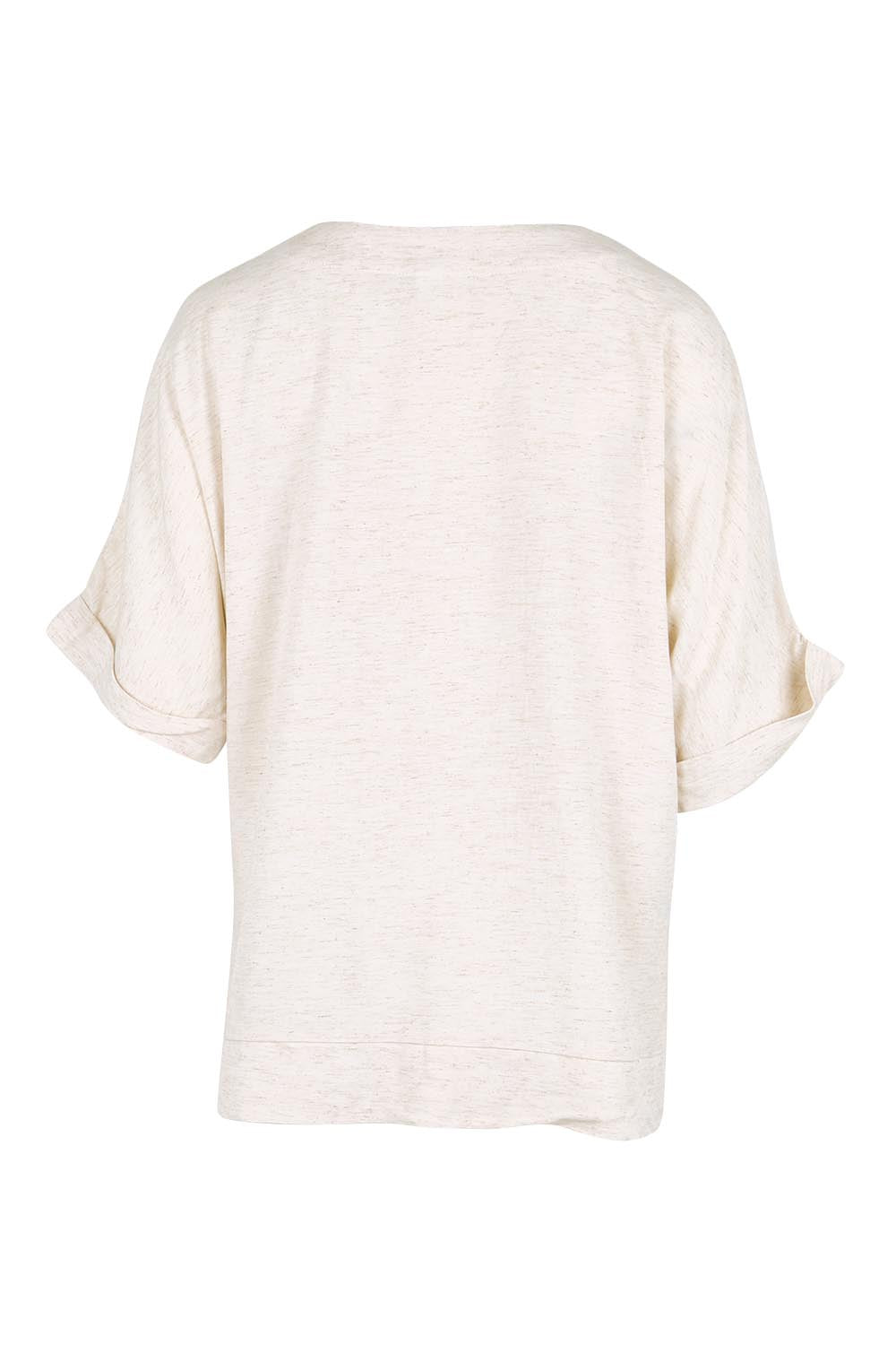 Product shot of the Belle Wear Anywhere Woven Linen Blend Tee  - Sand in colour Sand, from the back